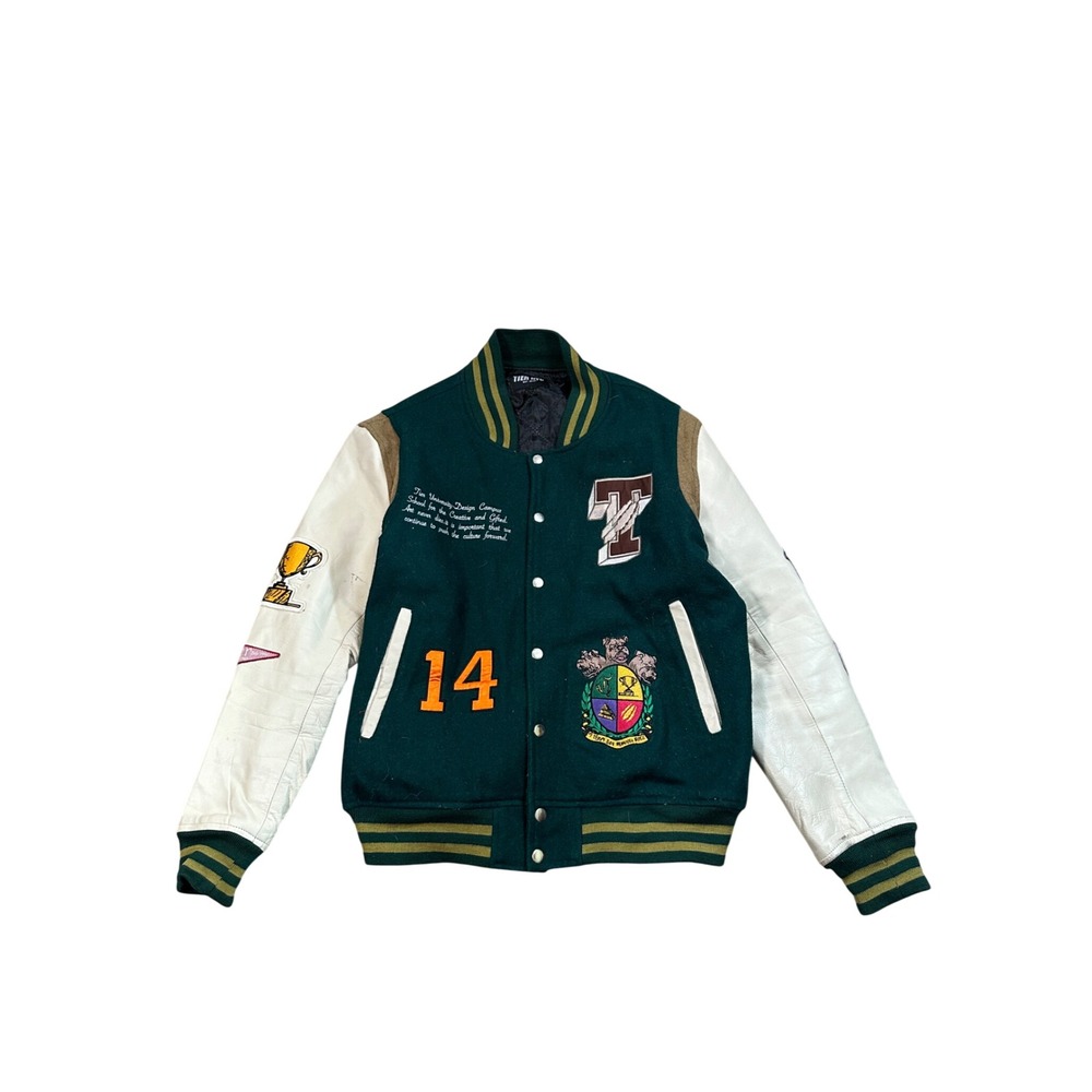 Tier NYC Mens Varsity Jacket Green Cream Leather Wool Letterman Patch Small